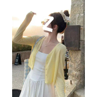 Dopamine Cream Yellow Sunscreen Cardigan for Women with Strap, Outerwear Shawl, Summer Thin Knitted 