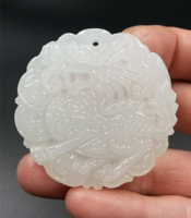 天然玉石A貨阿富汗白玉麒麟吊墜 圓形白色麒麟玉掛件玉吊墜