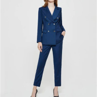 Tesco Women's Business Suits 2 Piece Jacket and Pants Pantsuit For Female Blue Full Sleeve Blazer Coat For Autumn ropa de mujer