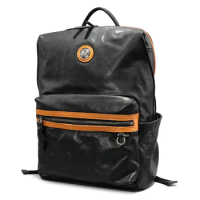 New trend laptop backpack leather retro men's backpack vegetable tanned cowhide men's bag contrast color youth casual bag