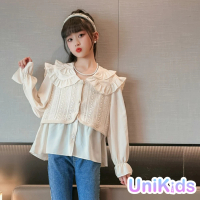 【UniKids】中大童裝長袖襯衫 韓版假兩件雙領雪紡 女大童裝 CV雙領雪紡(襯衫)