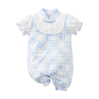 【JoyNa】短袖包屁衣 短袖寶寶連身衣 淺藍花格款 嬰兒服(造型款.春夏短袖)