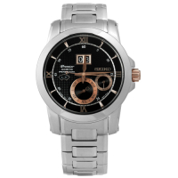 SEIKO 精工 Premier 人動電能 萬年曆 自動追時 不鏽鋼手錶-黑色/41mm