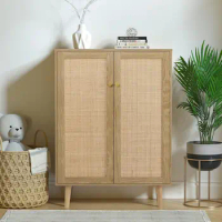 Rattan Cabinet, 44" H Tall Sideboard Storage Cabinet with Crafted Rattan Front, Entryway Shoe Cabinet Wood 2 Door