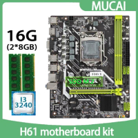 MUCAI H61 Motherboard LGA 1155 Kit Set With Intel Core i3 3240 CPU Processor And DDR3 16GB(2*8GB) 1600MHZ RAM Memory PC Computer