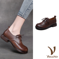 【Vecchio】真皮皮鞋 牛皮皮鞋/全真皮頭層牛皮手工復古軟底繫帶小皮鞋(棕)