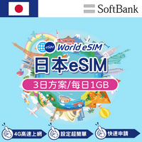 日本 eSIM 上網卡 3天 每日1GB 降速吃到飽 4G高速上網 Softbank 手機上網 日本漫游旅游卡 日商公司品質保證