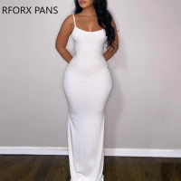 Women Elegant Sexy Solid Spaghetti Straps Bodycon Sexy Maxi White Party Dress