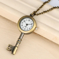 Antique Bronze Cute Lovely Vintage Key Shape Quartz Pocket Watch Buckle Necklace Gift Wall Chart FOB Pendant Clock Collectibles