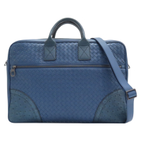 【二手名牌BRAND OFF】BOTTEGA VENETA BV 寶緹嘉 藍色 編織 皮革 鴕鳥皮 兩用包 公事包