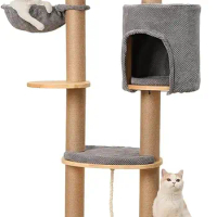 FUKUMARU Cat Tree, 74 Inch Large Cat Tower Wall-Mounted, Solid Rubber Wood Cat Wall Shelves