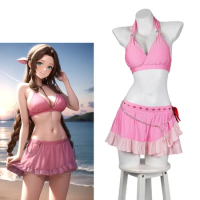 Final Fantasy VII Rebirth Aerith Gainsborough Cosplay Swimsuit Women's Sexy Pink Swimming Costume with Accessories