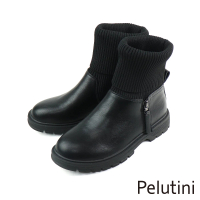 【Pelutini】保暖休閒真皮拼接拉鍊半襪靴 黑色(337002W-BL)