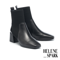 短靴 HELENE_SPARK 摩登品味飛織拼接羊皮方頭高跟短靴－黑