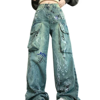 Graffiti Cargo Baggy Jeans Women Loose Boyfriend Casual Retro Y2K Streetwear Harajuku Denim Pants Blue Big Pocket Trousers Girls