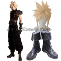 Final Fantasy 7 FF7 Cloud Strife Cosplay Boots Customized Black Cosplay Shoes FF7 Cloud Strife Linen Blonde Cosplay Wigs+wig cap