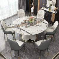 桌子 旋轉可伸縮巖板餐桌椅組合家用客廳圓形多功能小戶型