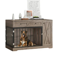 Dog Crate Furniture Kennel with Double Doors Wooden Pet House with 2 Drawers and Storage Cabinet