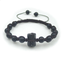 Natural Tourmaline Point Black Agate Frosted Round Beaded Bracelet Hand-knitting Centipede Knot 6-8 Inches