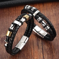 Genuine Leather Bracelet Double Layer Stainless Steel Bracelet Bangle Special Jewelry for Men Father