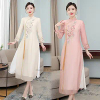2024 traditional vietnam chiffon dress aodai national flower embroidery dress chinese vintage qipao elegant evening party dress