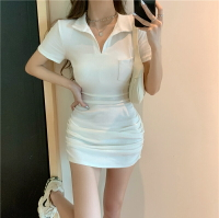 氣質白色連衣裙女夏季Polo領包臀修身收腰顯瘦短款T恤裙子小個子