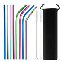 Mixing Color Reusable Metal Drinking Straws 304 Stainless Steel Straw Set with Cleaner Brush Bar Drinkware Party Accessory