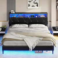 King Size Bed Frame with Lights an Headboard Storage, Bed Frame King Size with Charging Station