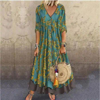 Plus Size Summer 2020 Long Dress Women V-Neck Floral Printed 3/4 Sleeve Maxi Swing Dress Casual Loose Dress