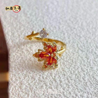 時尚復古紅色鋯石楓葉戒指女氣質甜美高級感小巧精致百搭開口戒指【DD0507001】