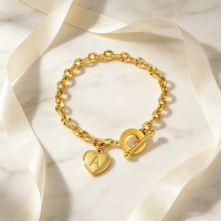 MLYSH0050 Gelang Keluli Titanium dengan Klip Hati Emas Berhuruf untuk Wanita, Perhiasan Mewah Ringan