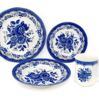 TUDOR ROYAL 24-Piece Porcelain Round Dinnerware Set, Service for 6, VICTORIA BLUE Design, Blue Floral, Plates Bowls Mugs Dishes,