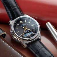 【CASIO 卡西歐】日本限定 紳士風度太陽能雙顯電波鱷魚紋皮革腕錶/黑x銀框(WVA-M630L-1A2)
