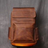 Vintage Leather Men's Backpack Large Capacity 15.6 Inch Laptop Bag Crazy Horse Leather Retro Travel College School Backpack