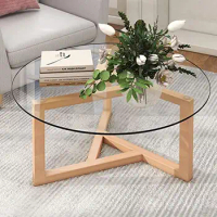 Round Glass Coffee Table with Wood Base Modern Design Tempered Top Versatile Living Room Sofa Side Tea End Easy