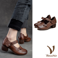 【Vecchio】真皮跟鞋 粗跟跟鞋/全真皮頭層牛皮典雅繩編一字帶粗跟鞋(棕)