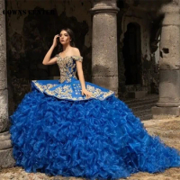 Royal Blue Ruffel Mexican Embroidery Ball Gown Quinceanera Dress Beaded Shinning Tulle Sweet 16 Dress Corset Vestidos De 15 Años