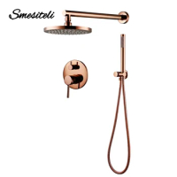 Rose Gold Finish Solid Brass Shower Diverter Valve Faucet Set With 8-12 Inch Round Shower Head Bathroom Wall Shower Kit