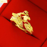 Pure Copy Real 18k Yellow Gold 999 24k Pair Classic Smooth Face Male Female Lovers Dragon and Phoenix Ring with Adjustable Openi