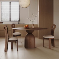 北歐 餐桌 餐桌椅組合 復古胡桃木風實木圓桌家用小戶型設計師圓形飯桌法式圓餐桌椅組合