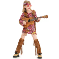 Children Girls Retro 70s Hippie Disco Singer Dancer Primitive Tribe Floral Dress Vest Set Halloween Cosplay Costumes Outfit