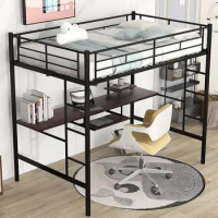 Full Size Loft Bed with Desk and Storage Shelf, Heavy Duty Loft Bed Full Size, Full Loft Bed with Ladder and Guardrail