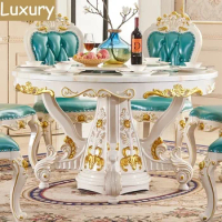 European solid wood white dining table luxury villa round table chairs combination hotel restaurant household marble