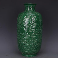 清乾隆綠釉浮雕刻龍紋冬瓜瓶仿古老貨瓷器家居中式擺件古董古玩1入
