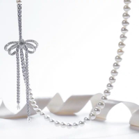 迪麗熱巴款長珍珠項鏈毛衣鏈蝴蝶結裝飾扣配件925半銀diy飾品吊墜