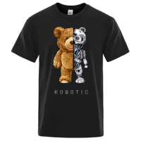 Funny teddy bear robot male t-shirt, short sleeve cotton t-shirt, big street t-shirts, casual clothes, summer