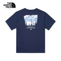 【The North Face 官方旗艦】北面男款藍色純棉雪山印花寬鬆短袖T恤｜88GK8K2