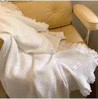 韓式純棉沙發蓋毯全棉華夫格單人空調毯公主風雙層花邊毛巾被