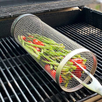 Round Bbq Basket Stainless Steel Rolling Grilling Basket Wire Mesh Cylinder Grill Basket Portable Outdoor Camping Barbecue Rack