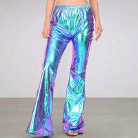 Women Bell-bottomed Pants Vintage Shiny Metallic Flared Pants Solid Color Elastic Waist Stage Performance Disco Party Pants